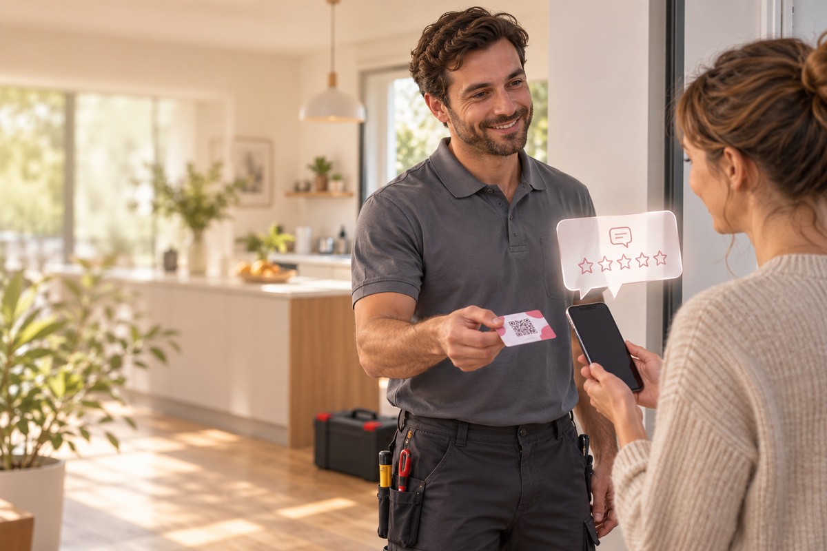 Illustration d’un artisan présentant une carte NFC et QR code à une cliente après une intervention à domicile.