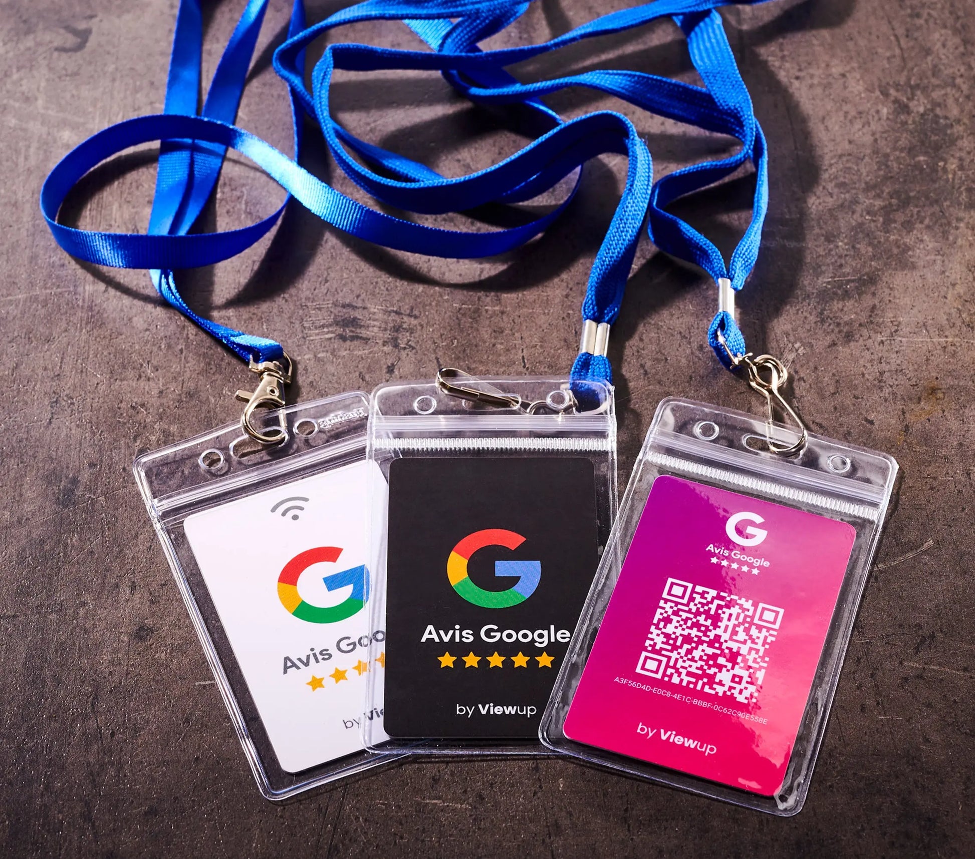 Cartes NFC avis google connectées noire, rose et blanche avec étuis et cordon offert