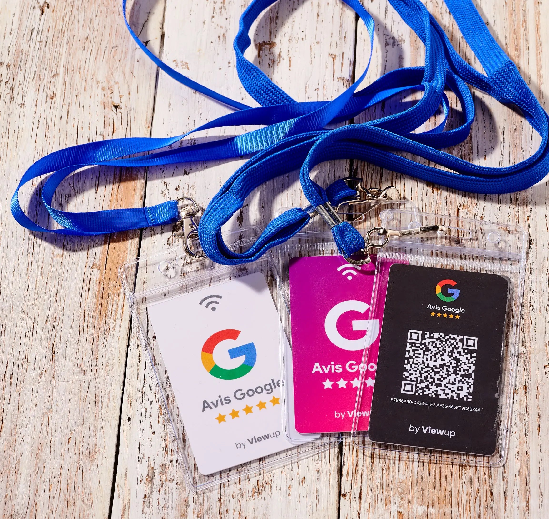 Cartes NFC avis google connectées noire, rose et blanche avec QR code et cordon offert